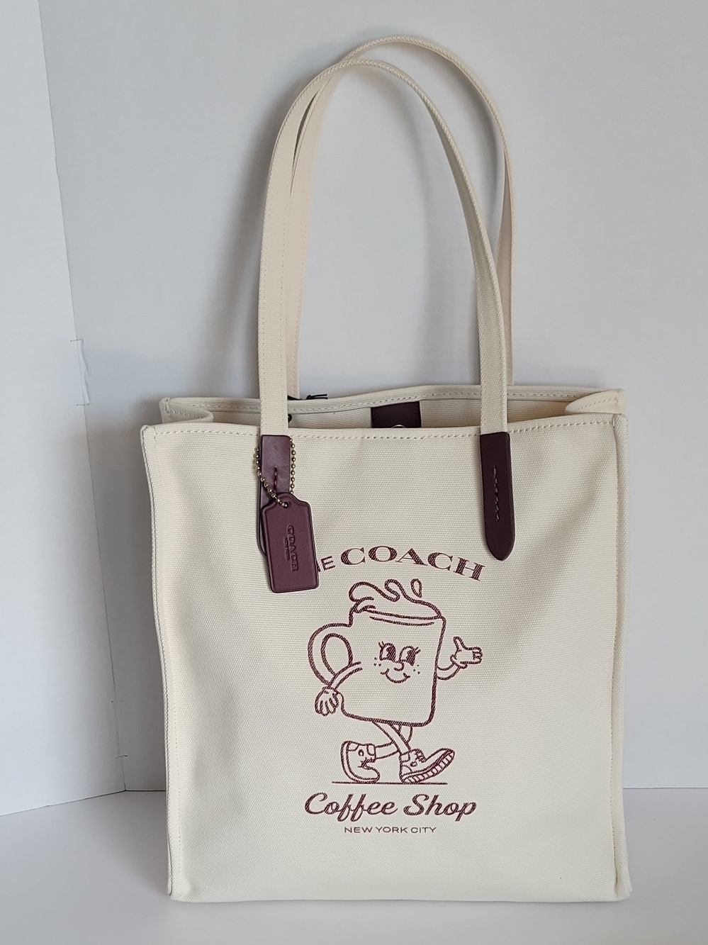 Coach Cream Canvas Tote with Burgundy Accents